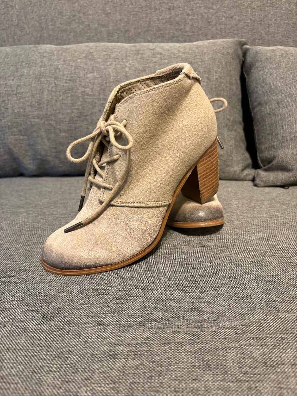Toms Taupe Suede Lace-Up Ankle Boots with Stacked Heel